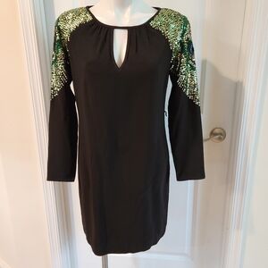 Trina Turk black dress with green sequins on shoulders size medium, peacock